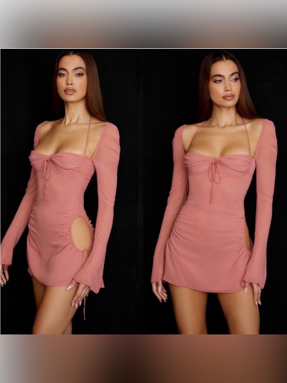 House Of CB Baby Pink Chiffon Cutout Halter Mini Dress Long Sleeve Sz XS